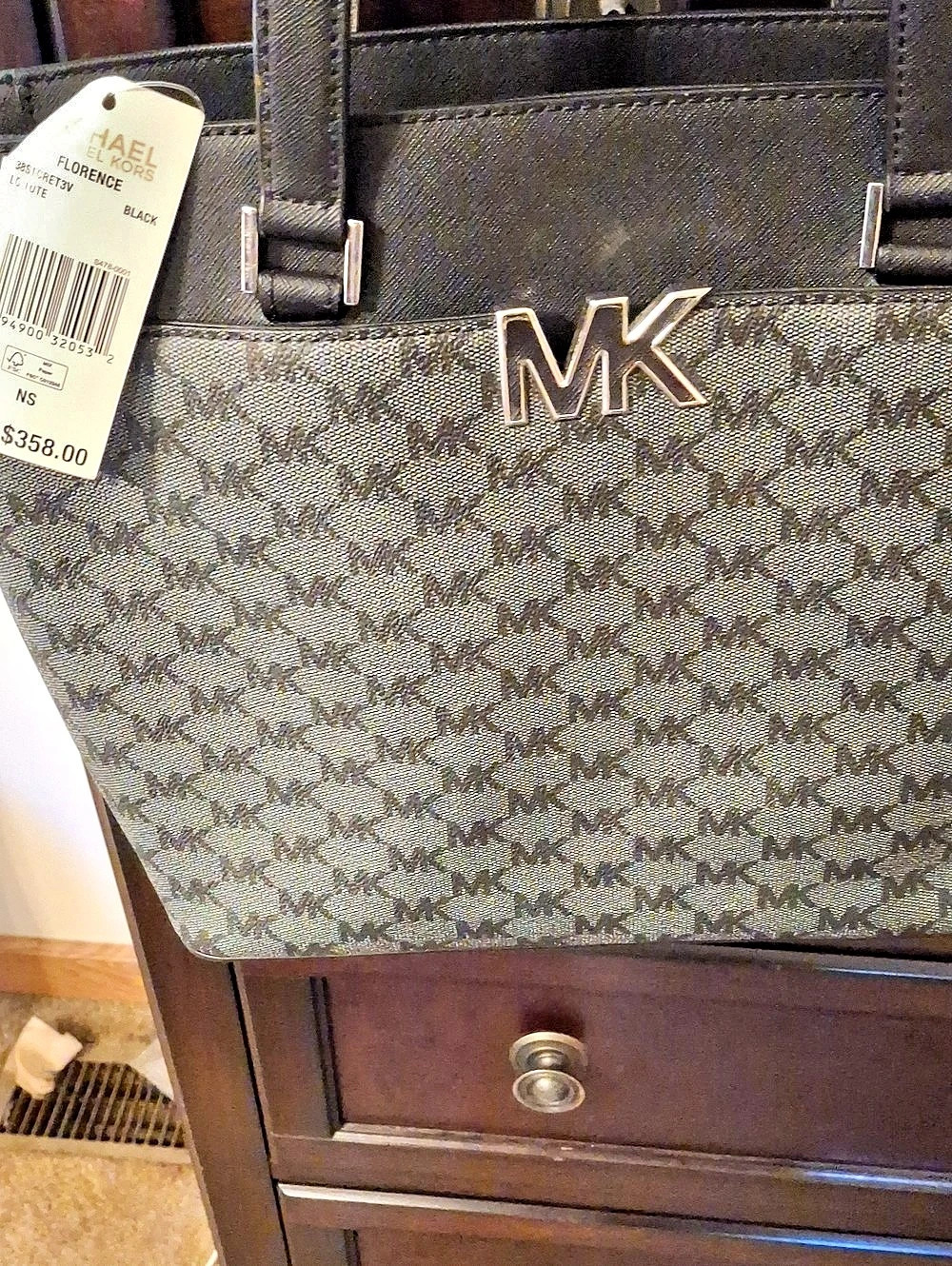 Michael Kors Florence LG Tote Monogram Large Tote in Black & Gray NWT
